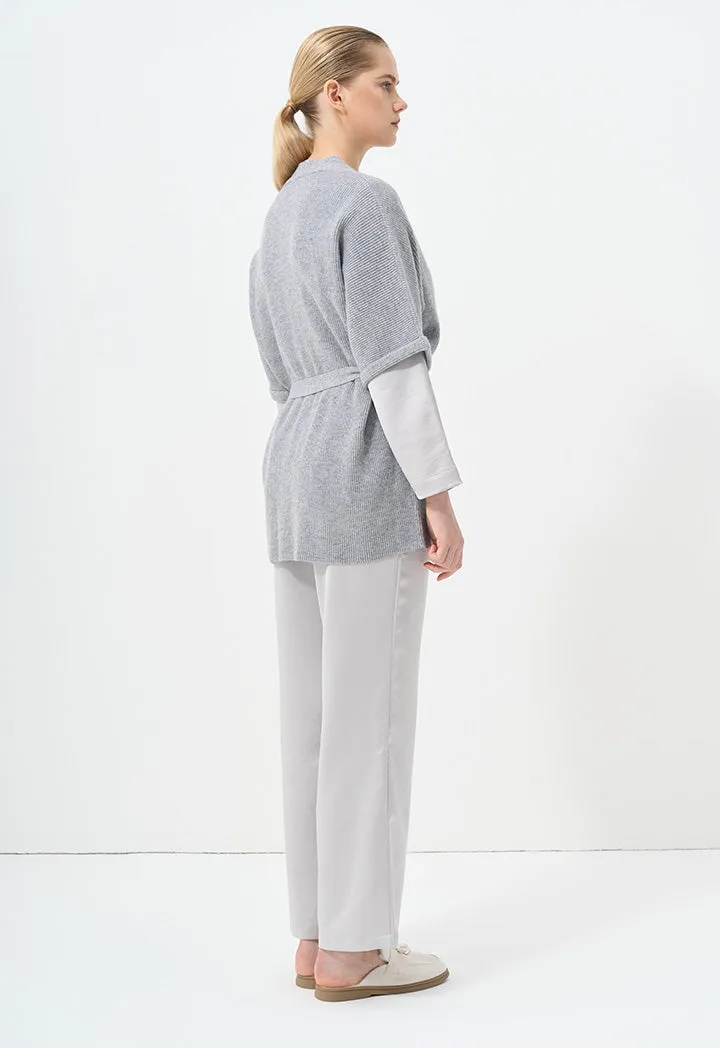 Choice Solid Short Sleeve Knitted Belted Cardigan Grey