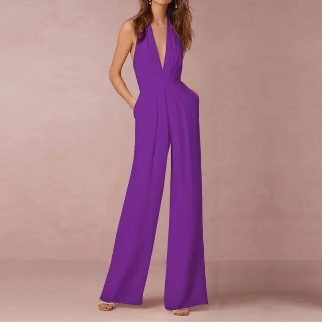 Female Jumpsuit Woman Summer Elegant Jumpsuits Sexy Halter Jumpsuits   Fashion Solid Color Loose Wide Leg Overalls for Women