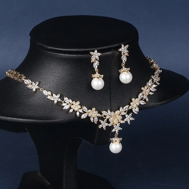 Gold Bridal Necklace Set with Micro-Inlaid Zircon and Pearl - Perfect Jewelry Set