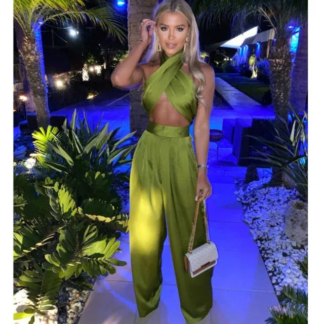 halter luxury silk satin solid flare pants jumpsuit