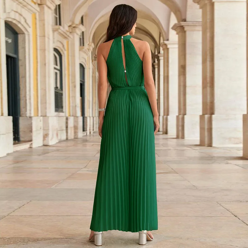 Halter Sleeve Pleated Wide Leg With Belt Romper