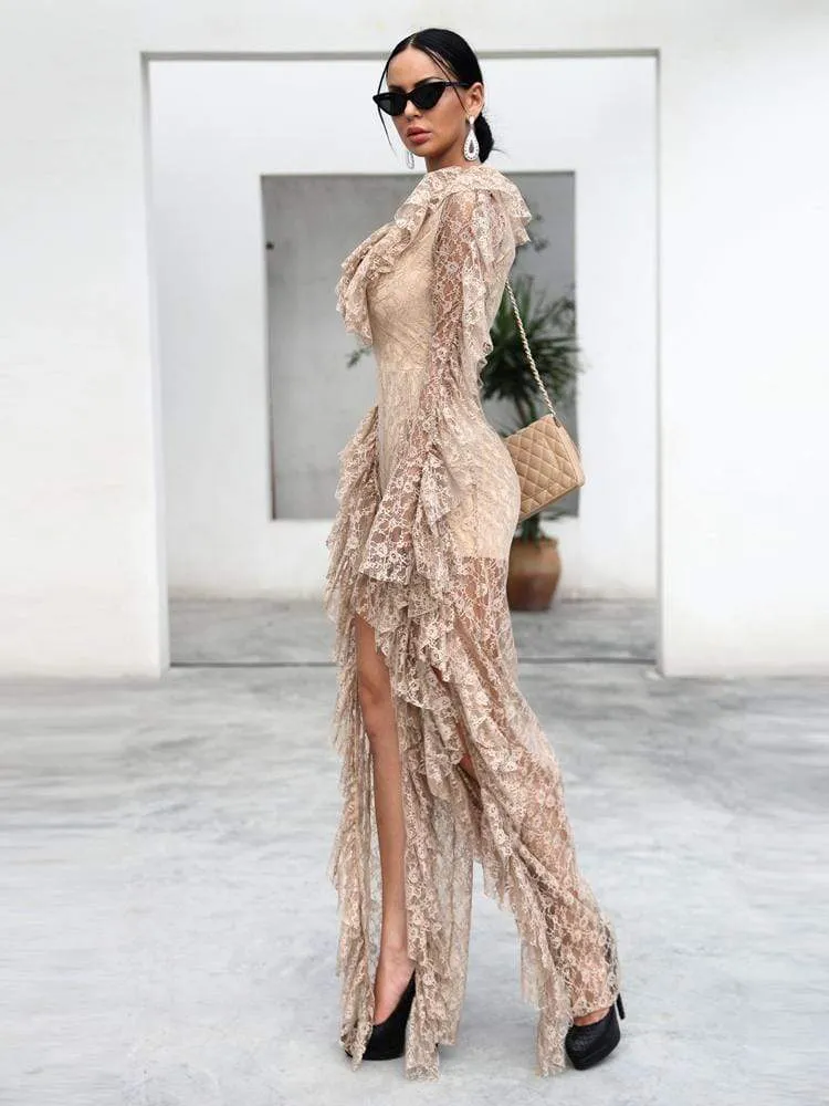 Lace Ruffled Long Sleeve Split Dress Jumpsuit