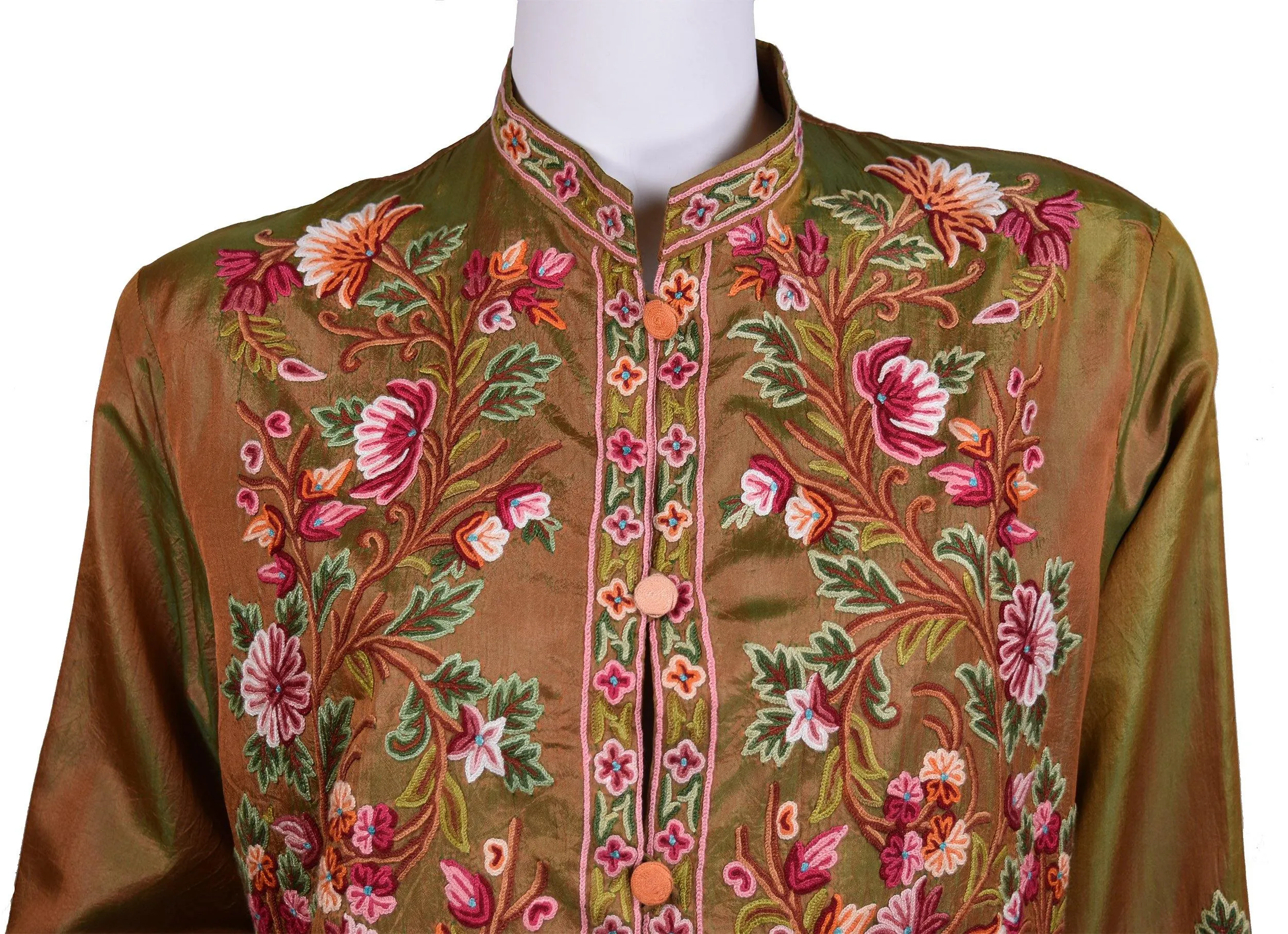 Pheme Spice Brown Silk Dinner Jacket Paisley Evening Dress Coat Hand Embroidered Kashmir