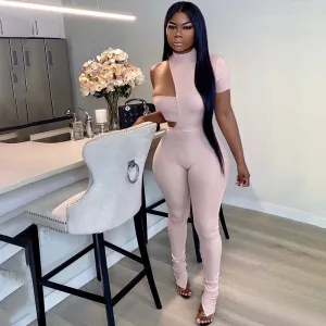 SHOULDER QUEEN - Knit Rib Body Romper Women Jumpsuit Sexy Hollow Out Short Sleeve Slit Hem Flare Pants Slim Jumpsuit Women