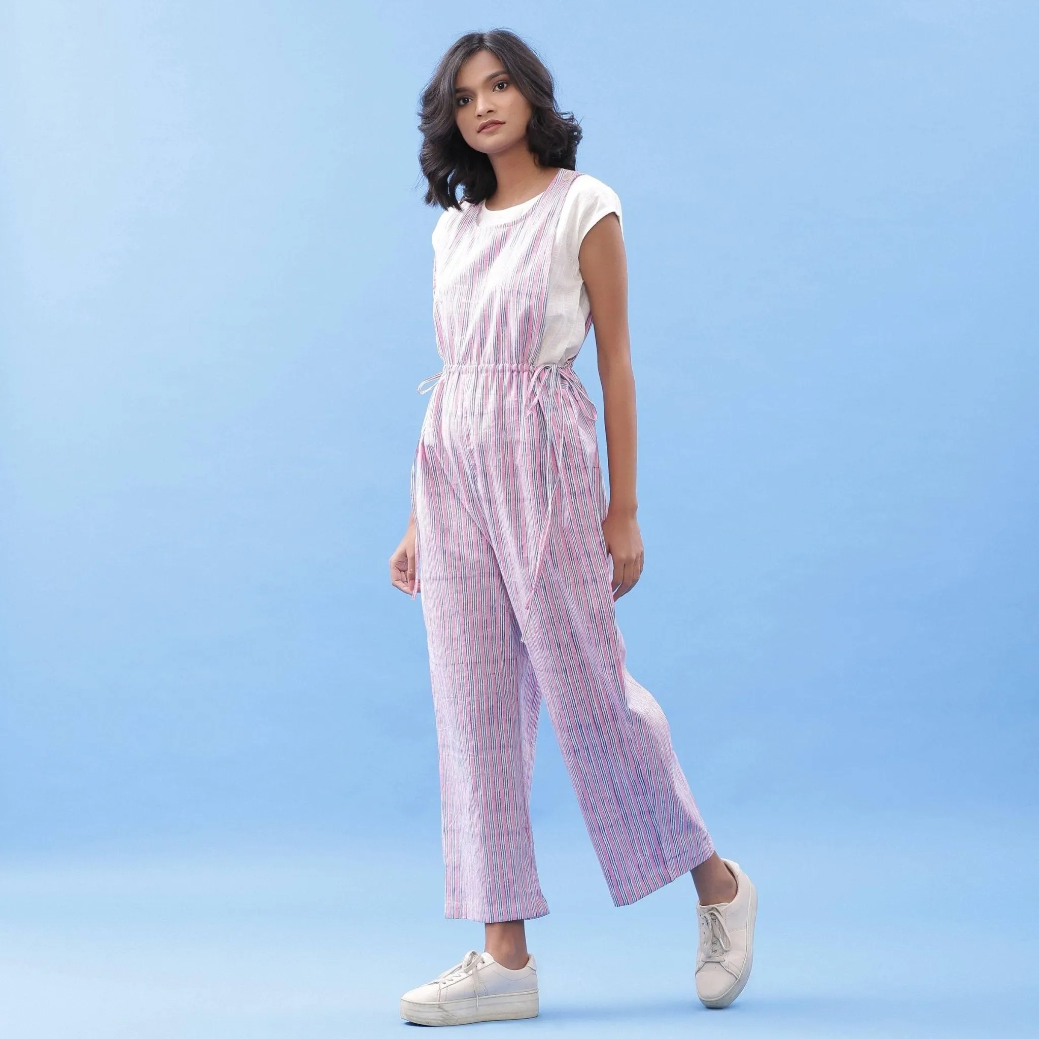 Striped Block Printed Ankle Length Cotton Jumpsuit