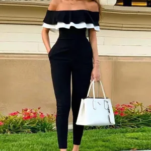 Women Off Shoulder Colorblock Ruffles Bodycon Skinny Streetwear Slim Fit Black Jumpsuits